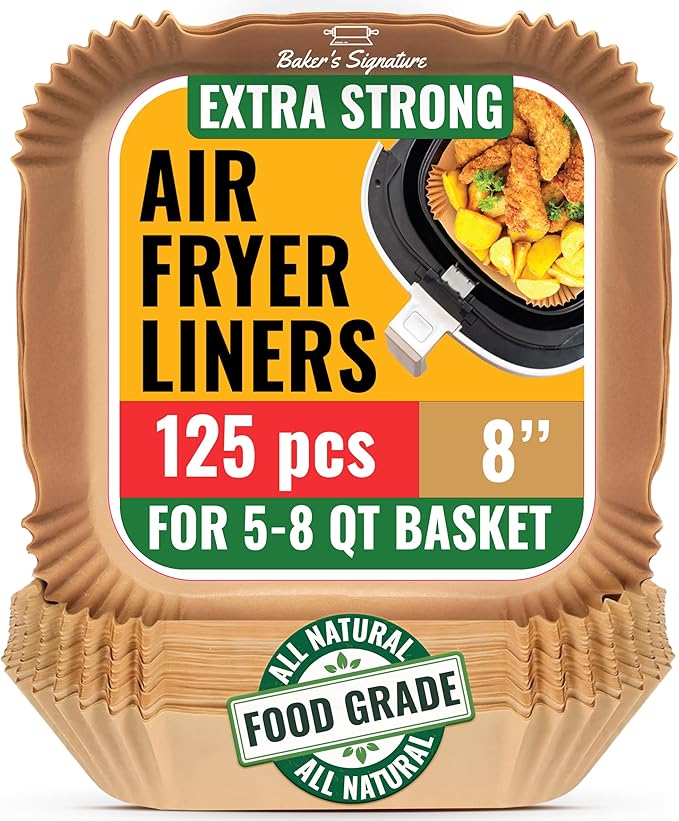 Air Fryer Paper Liners, 125Pcs Air Fryer Disposable Liners, Non-Stick and Oil Proof for Easy Cleanup, 8” Square for 5-8 qt Basket by Baker's Signature